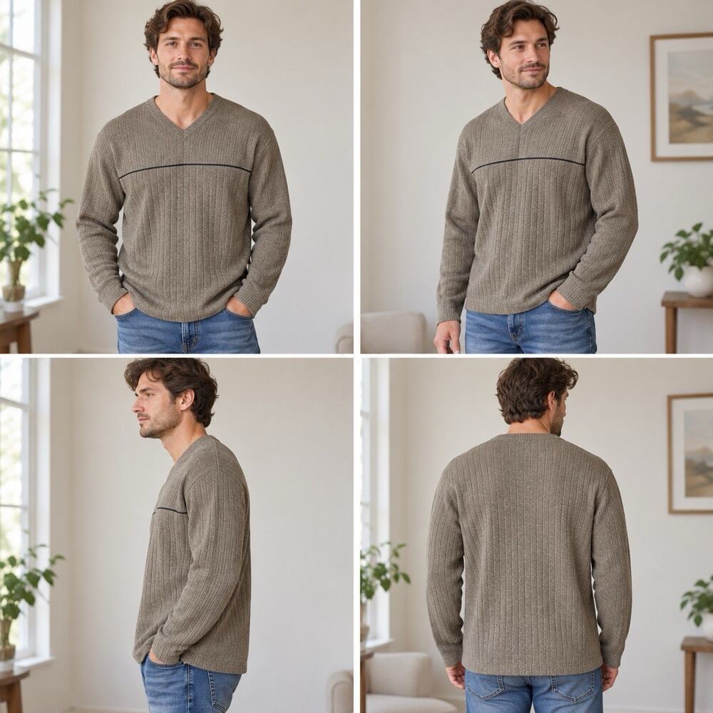 Axcess Ribbed V Neck Sweater Men’s Medium Taupe Long Sleeve Chest Stripe